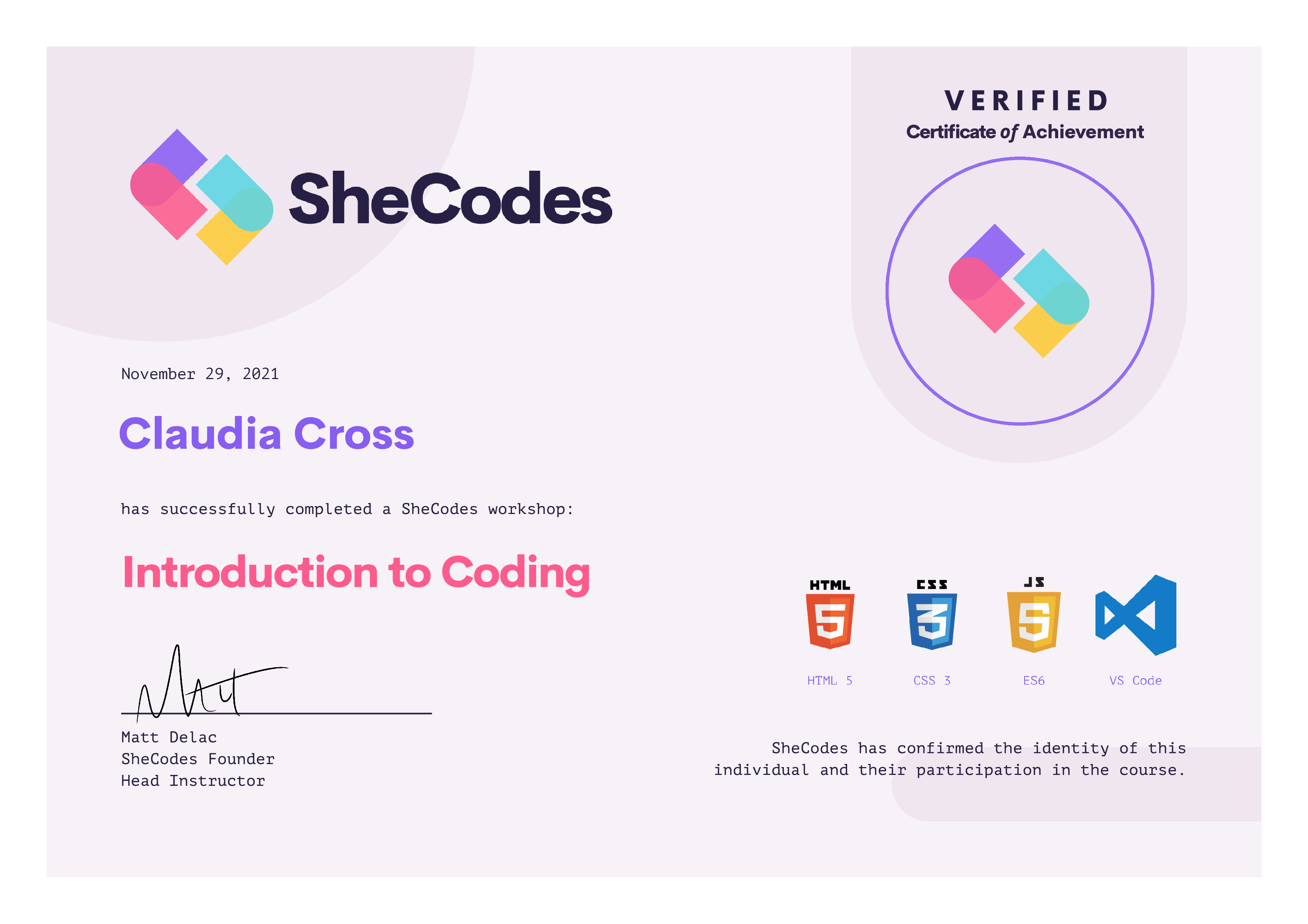 Shecodes Basic certificate